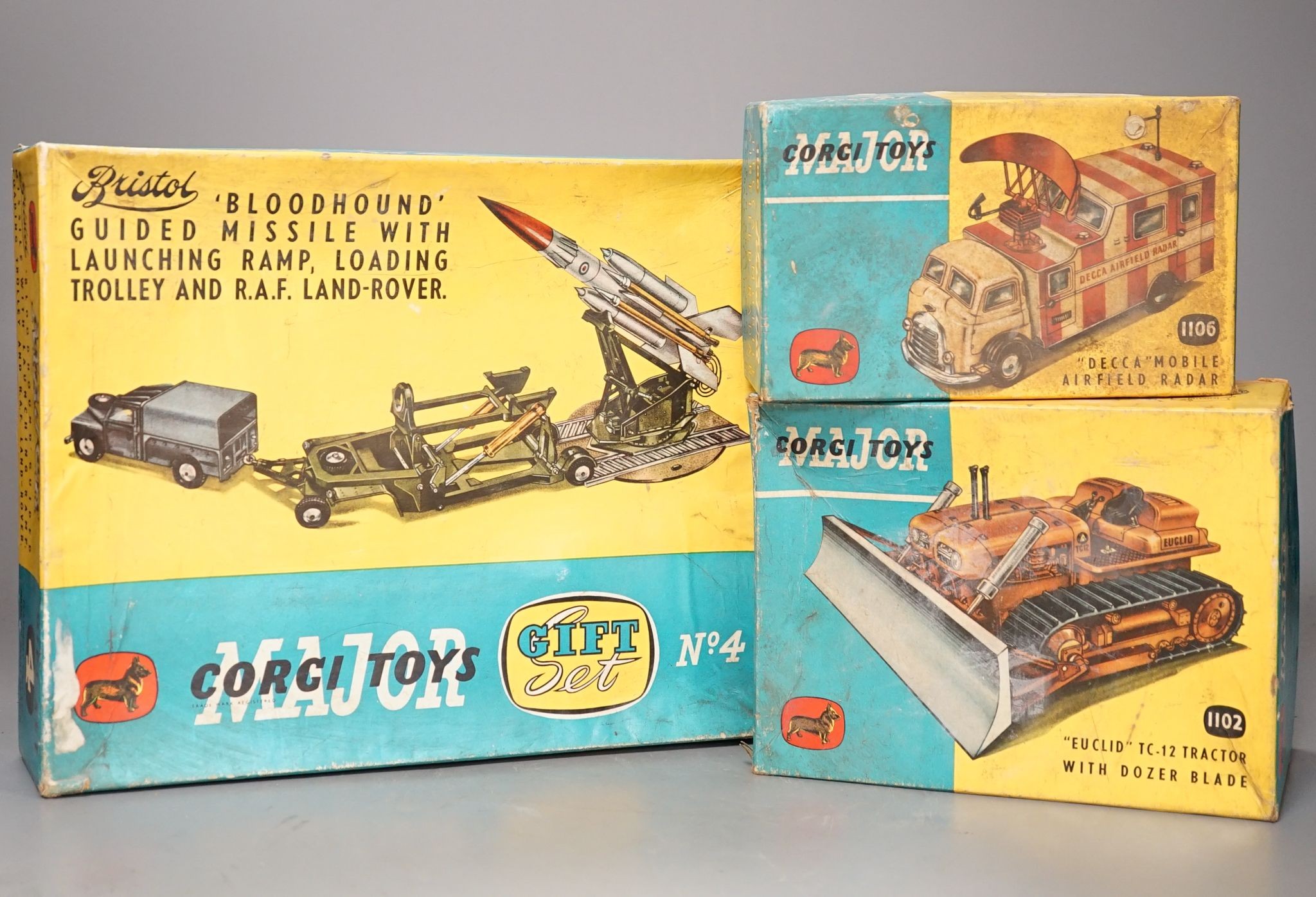 A Corgi 1106 Decca mobile airfield radar, a 1102 Euclid TC-12 tractor with dozer blade and Gift Set 4 bloodhound guided missile with ramp trolley and RAF Land Rover, all boxed